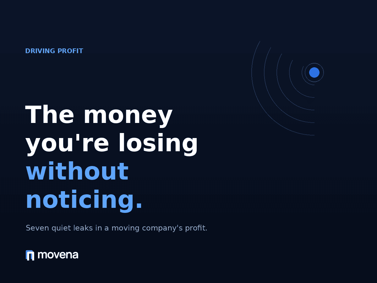 Dark Movena-brand illustration of a ledger with one figure quietly leaking away, representing hidden profit loss in a moving company